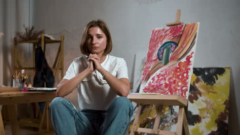 mujer posando en la sala de arte