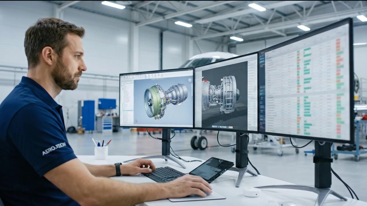 Engineer Reviewing CAD Design on Multiple Monitors in Technical Office