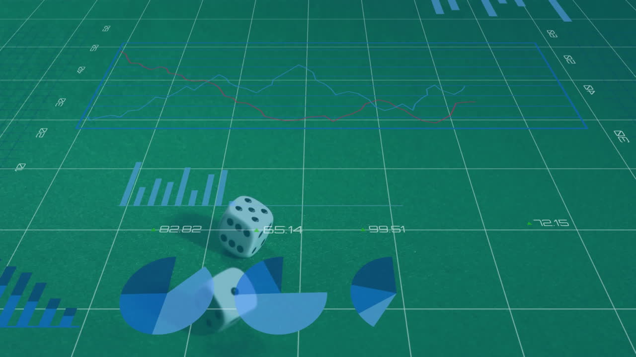 Animation of financial data processing and statistics recording over dice on grid on green