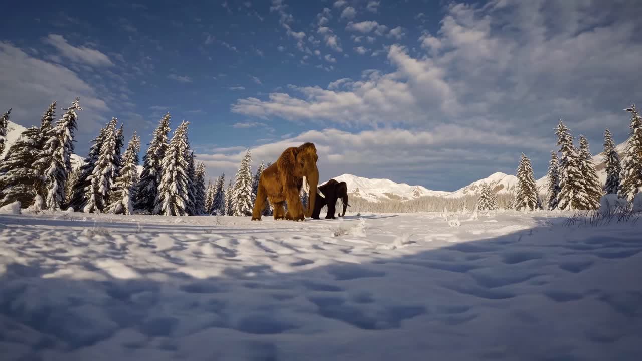 Low-angle video shot of woolly mammoths walking through a snowy forest ...