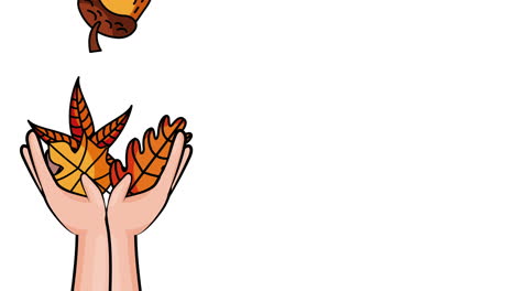 hola temporada de otoño con las manos levantando hojas y semillas animación