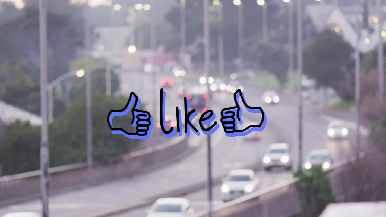 엄지손가락을 올리고 움직이는 자동차로 바쁜 고속도로에서 텍스트 애니메이션을 좋아합니다.