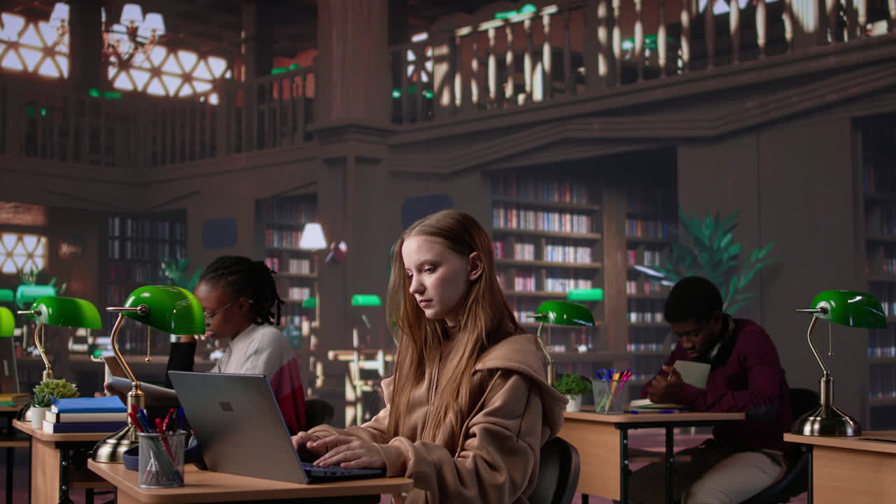 Vertical video student girl reading literature book to collect citations for diploma paper