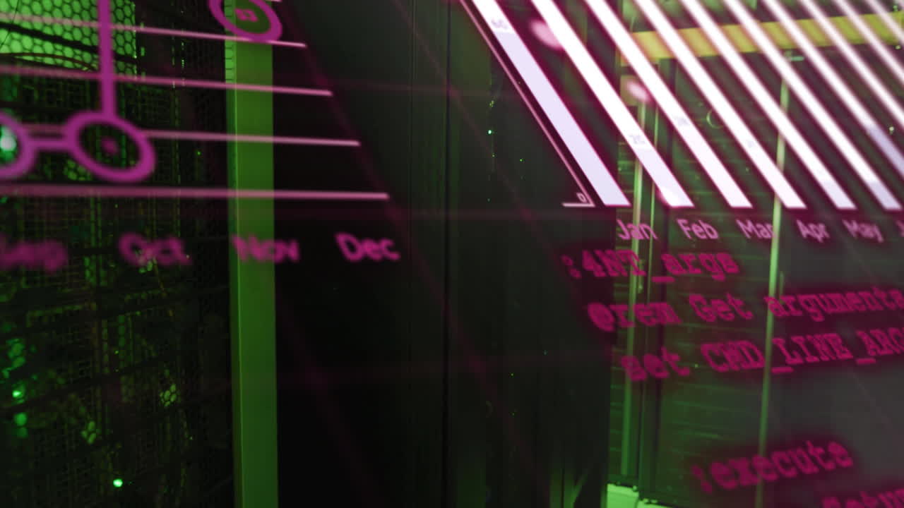 Datenverarbeitungsanimation über Server-Racks mit monatlicher Zeitleiste und Code