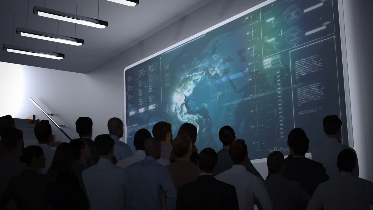 Business people watching data interface on screen