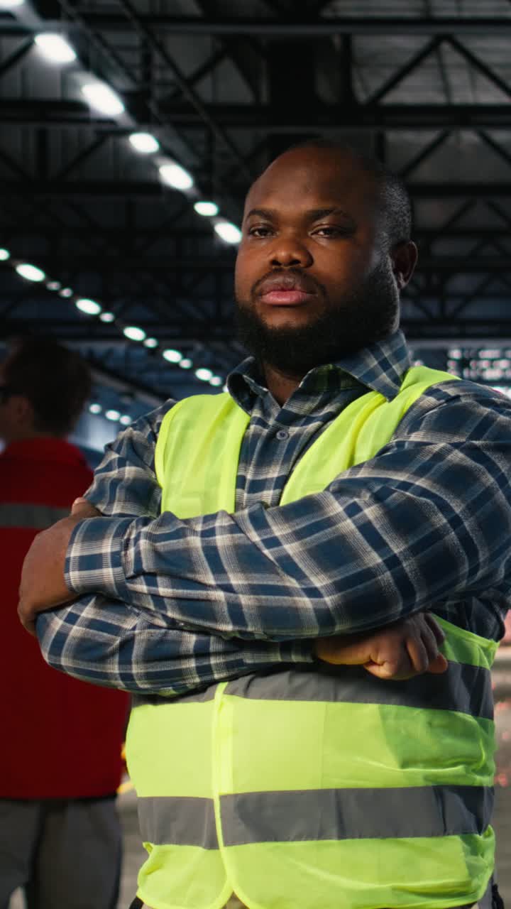 Vertical Video African american worker in a plant handles automation equipment