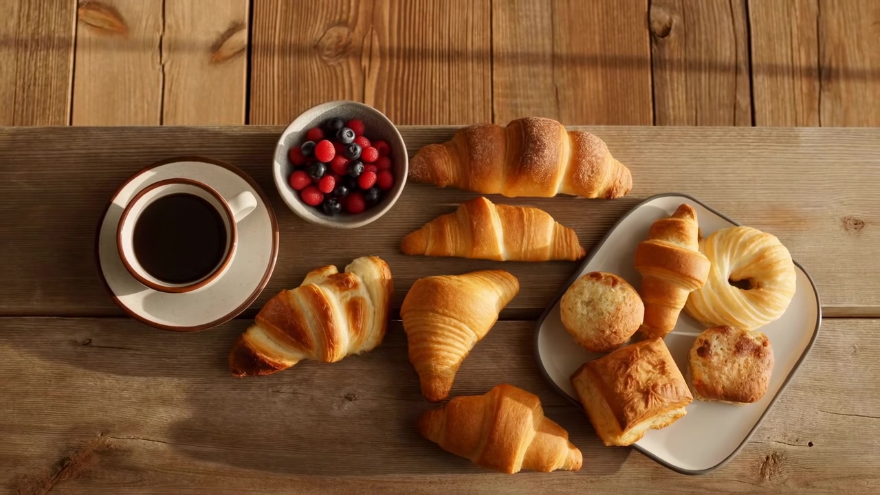 Colazione rustica. Cornetti, caffè, frutti di bosco disposti su un tavolo di legno con cornetti dorati e burrosi.