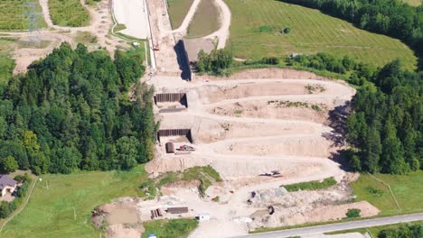 construction site of rail baltica bridge in lithuania, aerial view