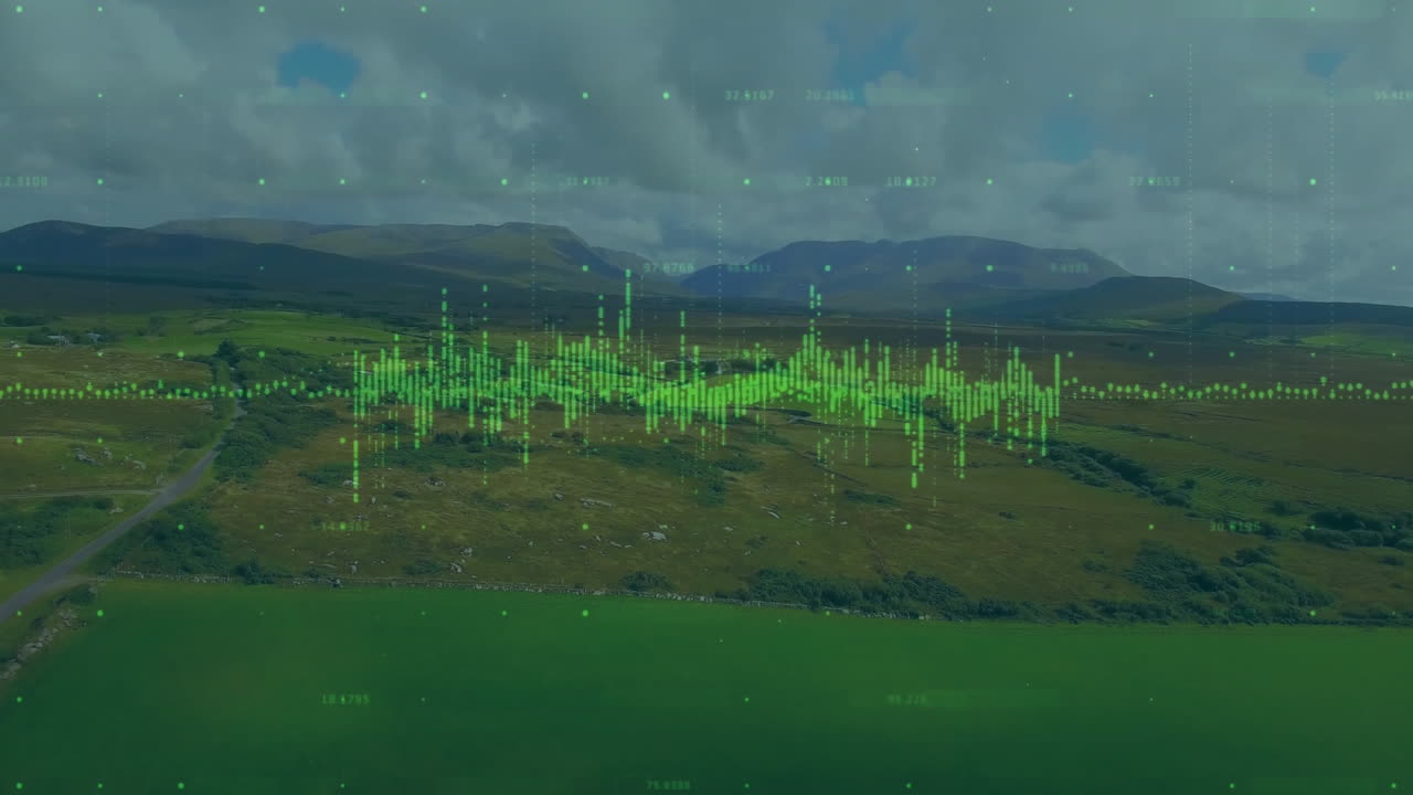 Agriculture data being visualized floating over aerial farmland, with green waveform overlay