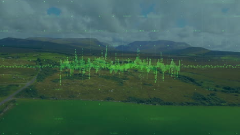 agriculture data being visualized floating over aerial farmland, with green waveform overlay