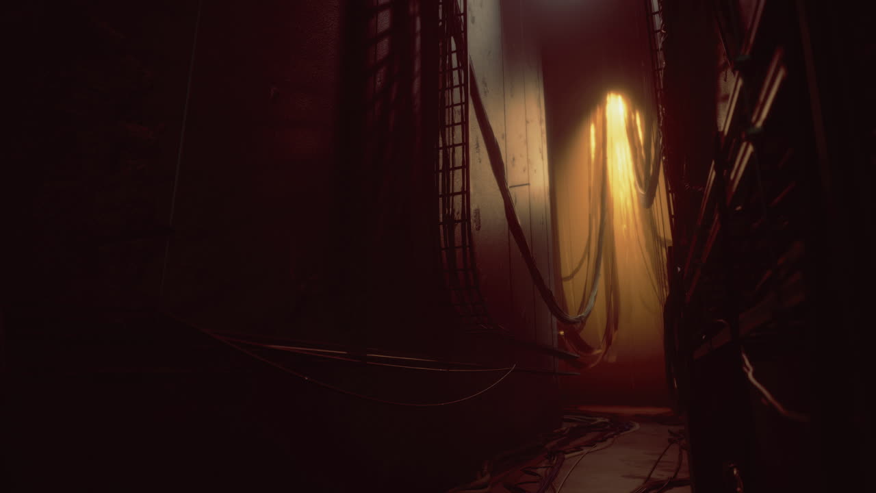 Shadows and light interplay in a dimly lit urban alleyway at dusk