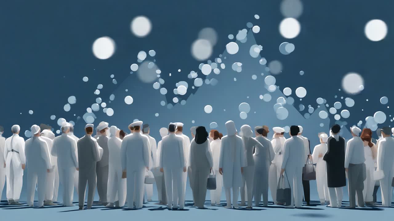 A large gathering of people in white attire stands captivated before a vibrant display of colorful cascading bubbles, creating an atmosphere of wonder and anticipation in this lively scene