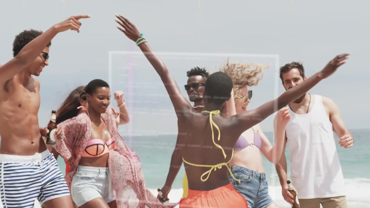 Seven friends arriving shore for leisure, raising bottles and dancing with data overlaying scene