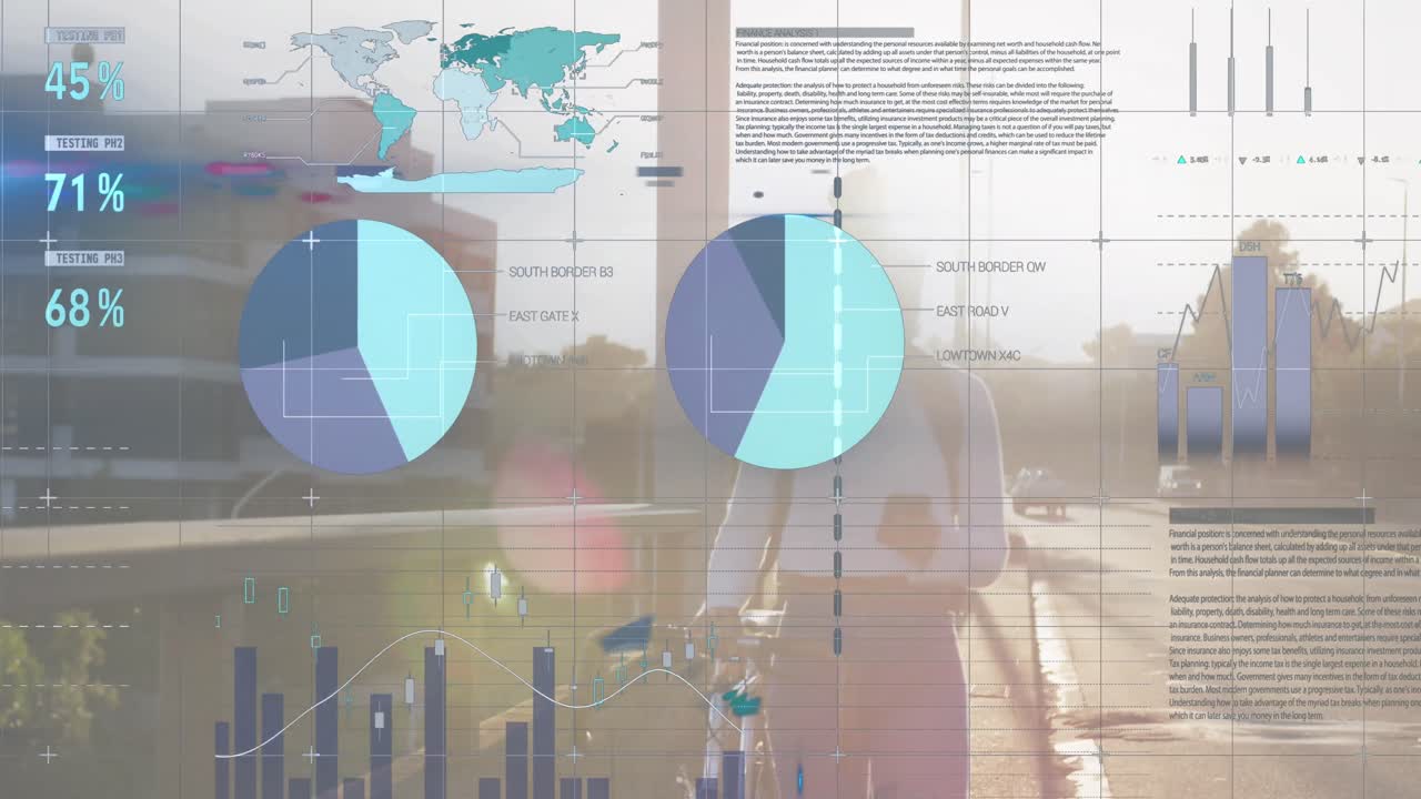 animación de la interfaz infográfica sobre una mujer biracial que usa máscara y usa teléfono móvil con bicicleta.