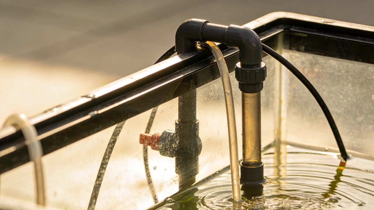 Pompa che si avvia, tubo trasparente con raccordo a gomito nero che gorgoglia e increspa l'acqua in un piccolo serbatoio, circolando.