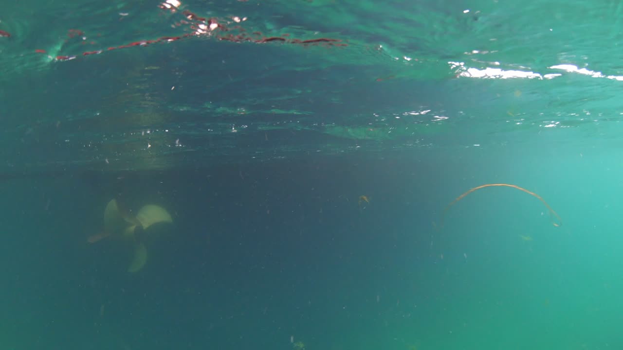 Ships propeller rotating under water - Slow motion actioncamera shot from free diver just below surface - Ferry Hjellestad schottel propeller