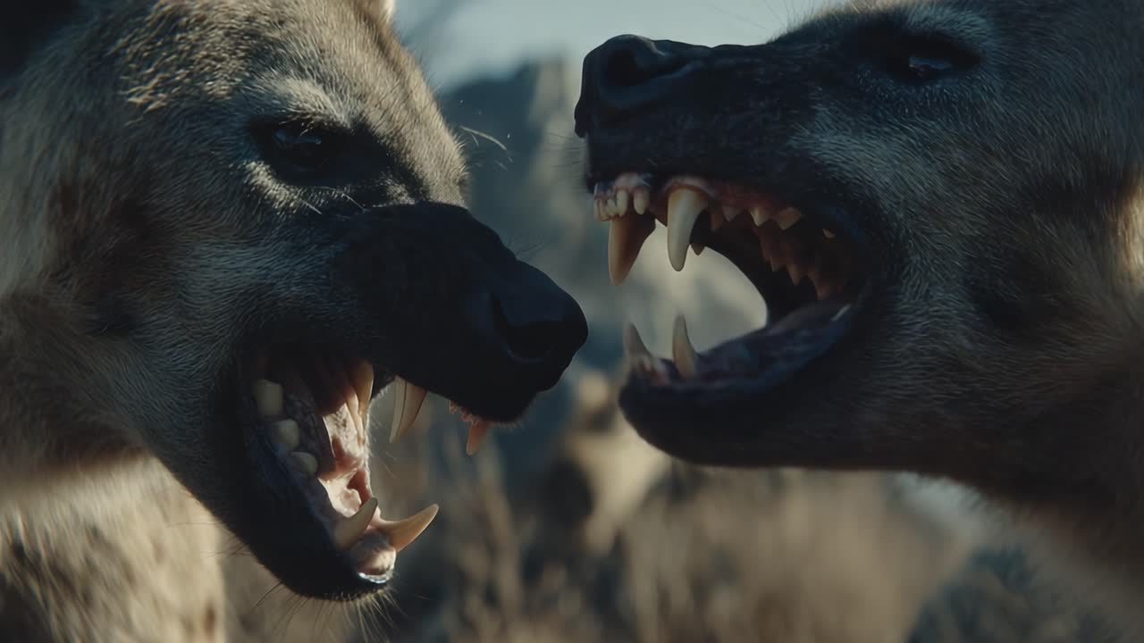 An Intense Encounter Between Two Powerful Hyenas Showcasing Their Aggressive Display of Teeth and Dominance in a Natural Landscape Setting