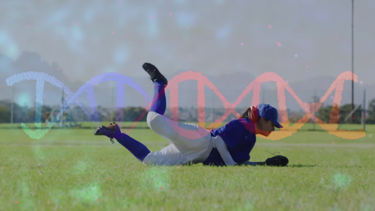 DNA strand animation over baseball player diving on field