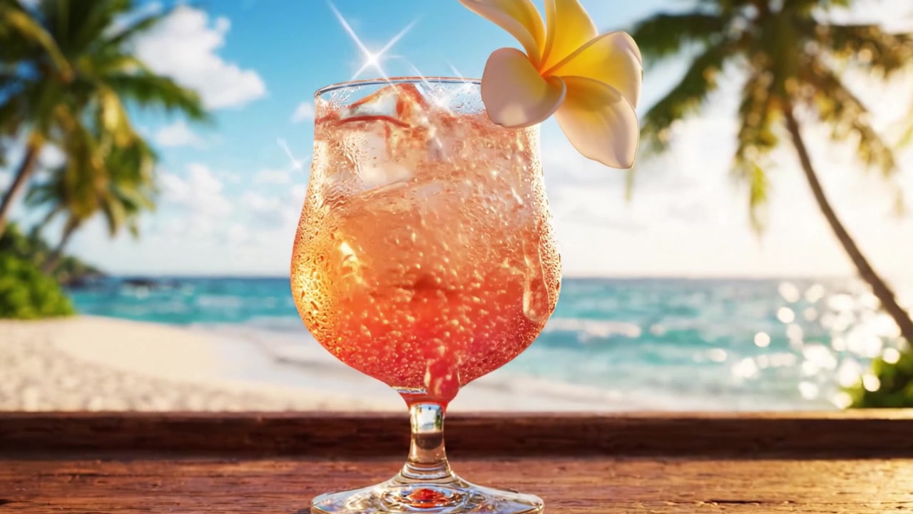Rinfrescante Cocktail Tropicale Gustato in Spiaggia, Circondato da Lussureggianti Palme e Scintillanti Onde dell'Oceano in un'Idilliaca Cornice Paradisiaca