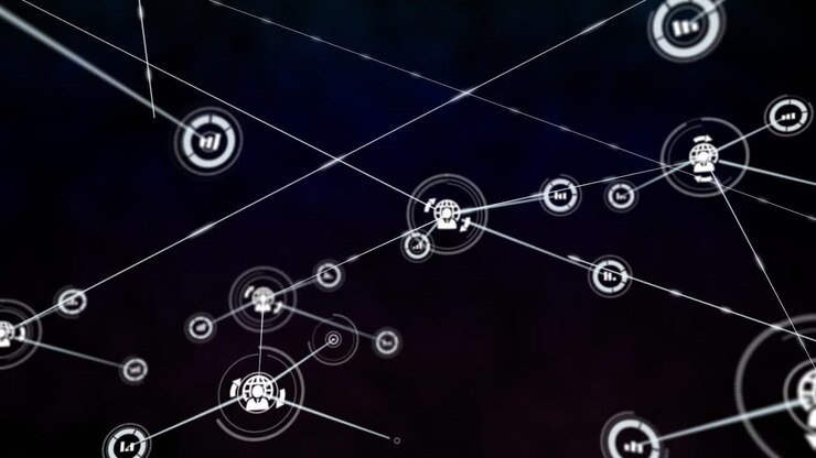 Netværk af forbundne ikoner og databehandling animation over mørk baggrund
