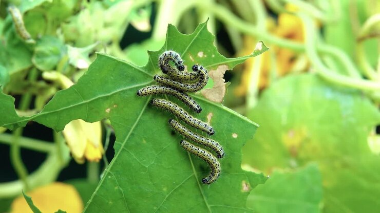 Cabbage white caterpillar trying to dislodge small insect from its body