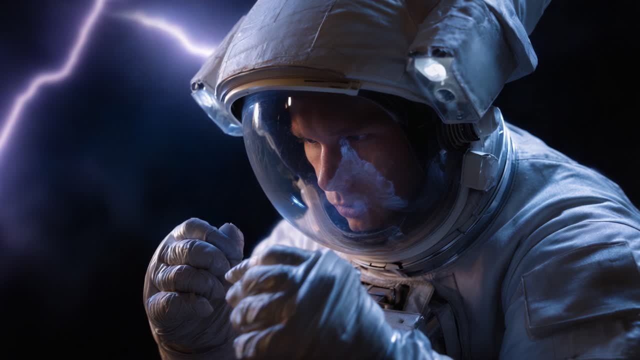 En astronaut i rumdragt står over for en tordnende storm, kæmper mod elementerne midt i et levende lynshow i et mørkt kosmisk miljø.