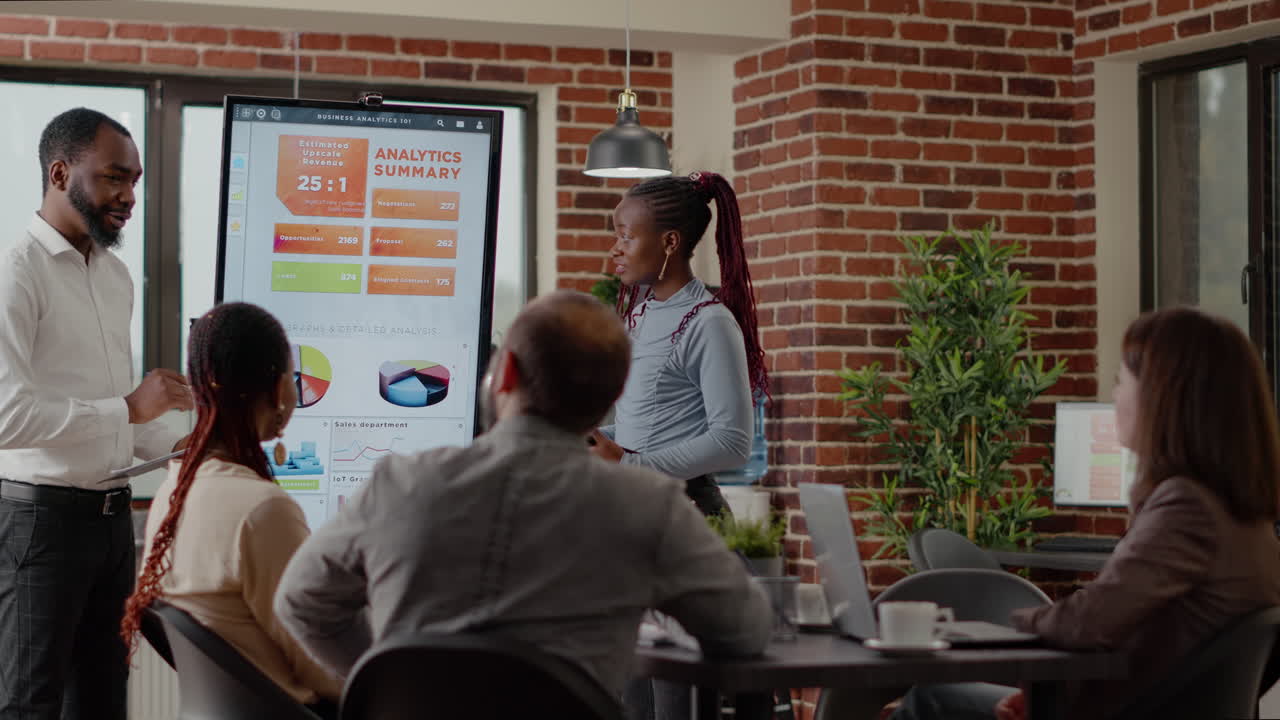 Man and woman receiving applause after doing business presentation