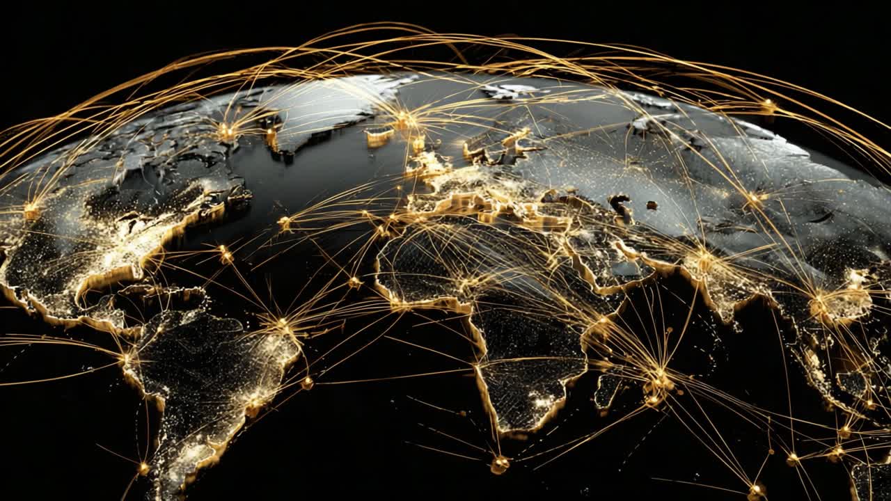 A Stunning Visualization of Global Connectivity: Illuminated Network of Digital Connections Across Continents Depicting Modern Communication and Data Exchanges