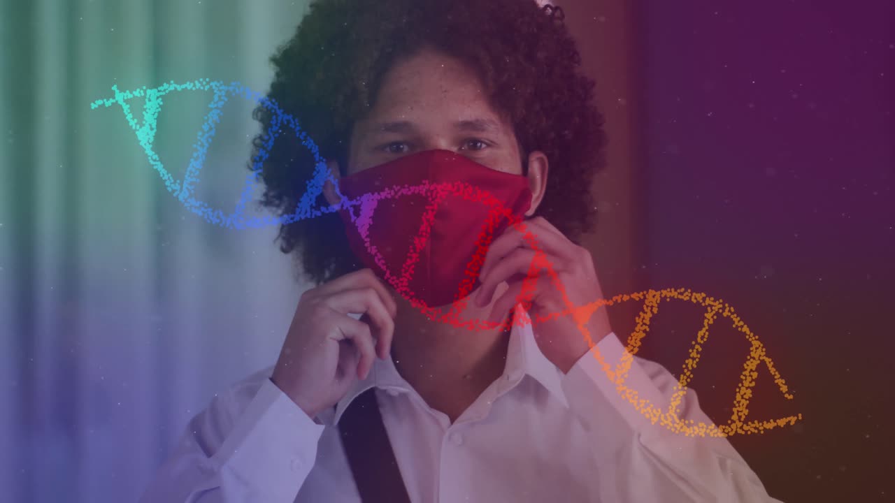 Animation of dna strand over caucasian man with face mask