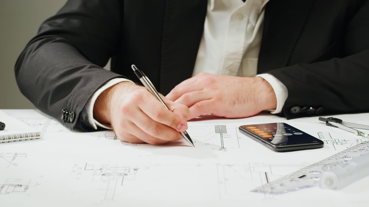 Professional working on blueprints with a smartphone calculator