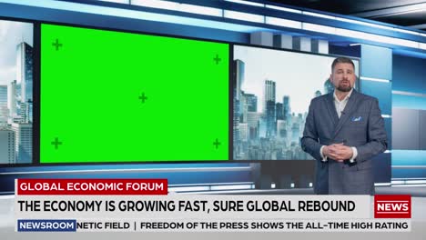 talk show tv program: handsome white male presenter standing in newsroom studio, uses big green chroma key screen. news achor, host talks about news, weather. playback mock-up cable channel