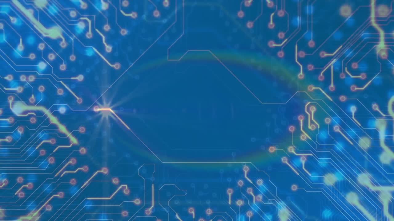 푸른 배경에 대한 조명된 회로판 패턴 위의 렌즈 플레어의 애니메이션