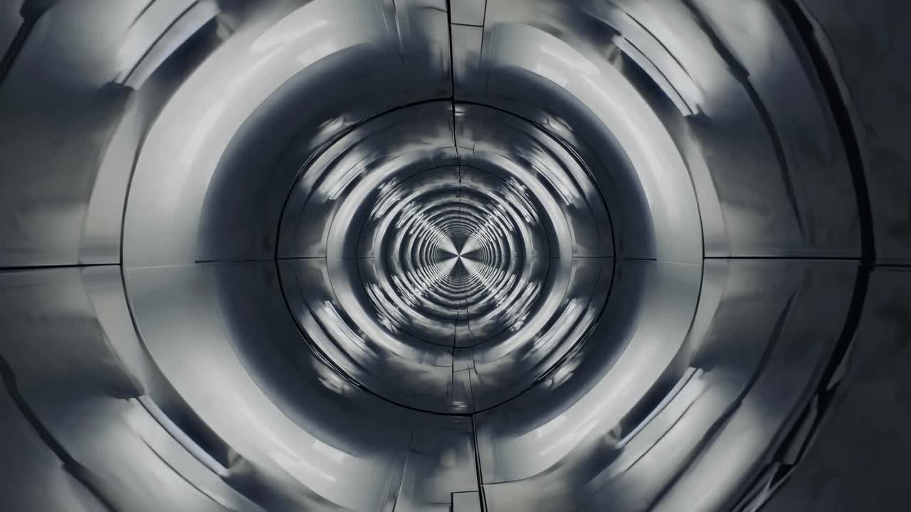 Futuristic tunnel with a mirrored, symmetrical design. Captured from a central, straight-on angle