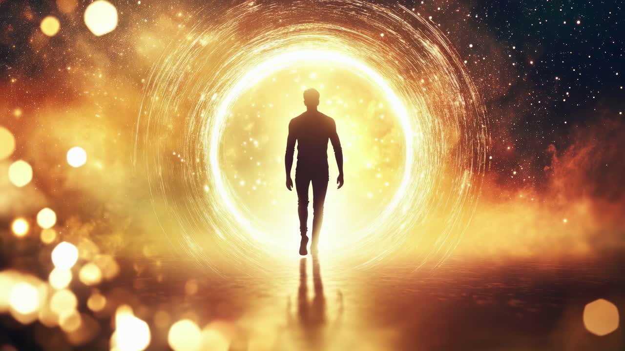 Silhouette of a person walking into a glowing portal, captured from a low angle