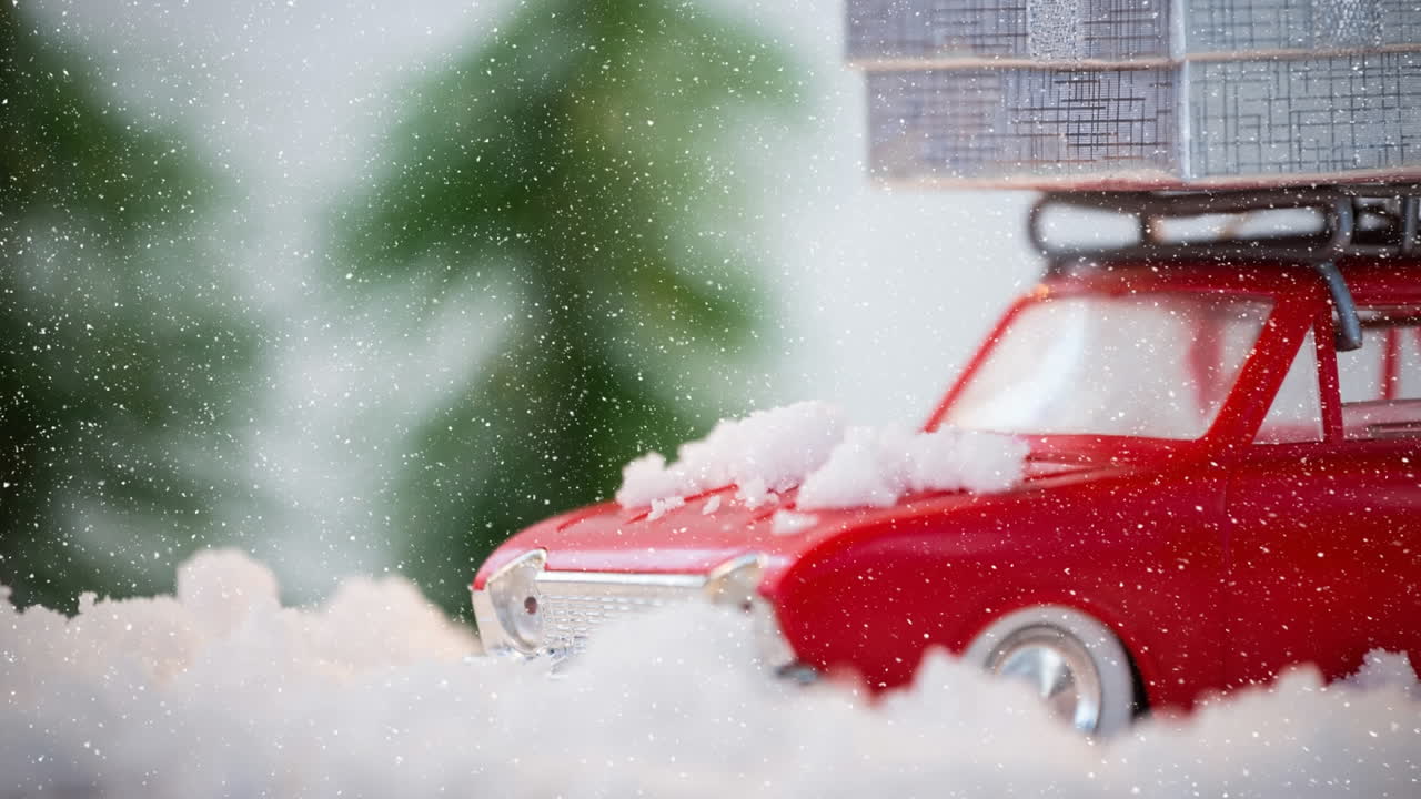 Coche a escala rojo en un paisaje invernal combinado con nieve cayendo