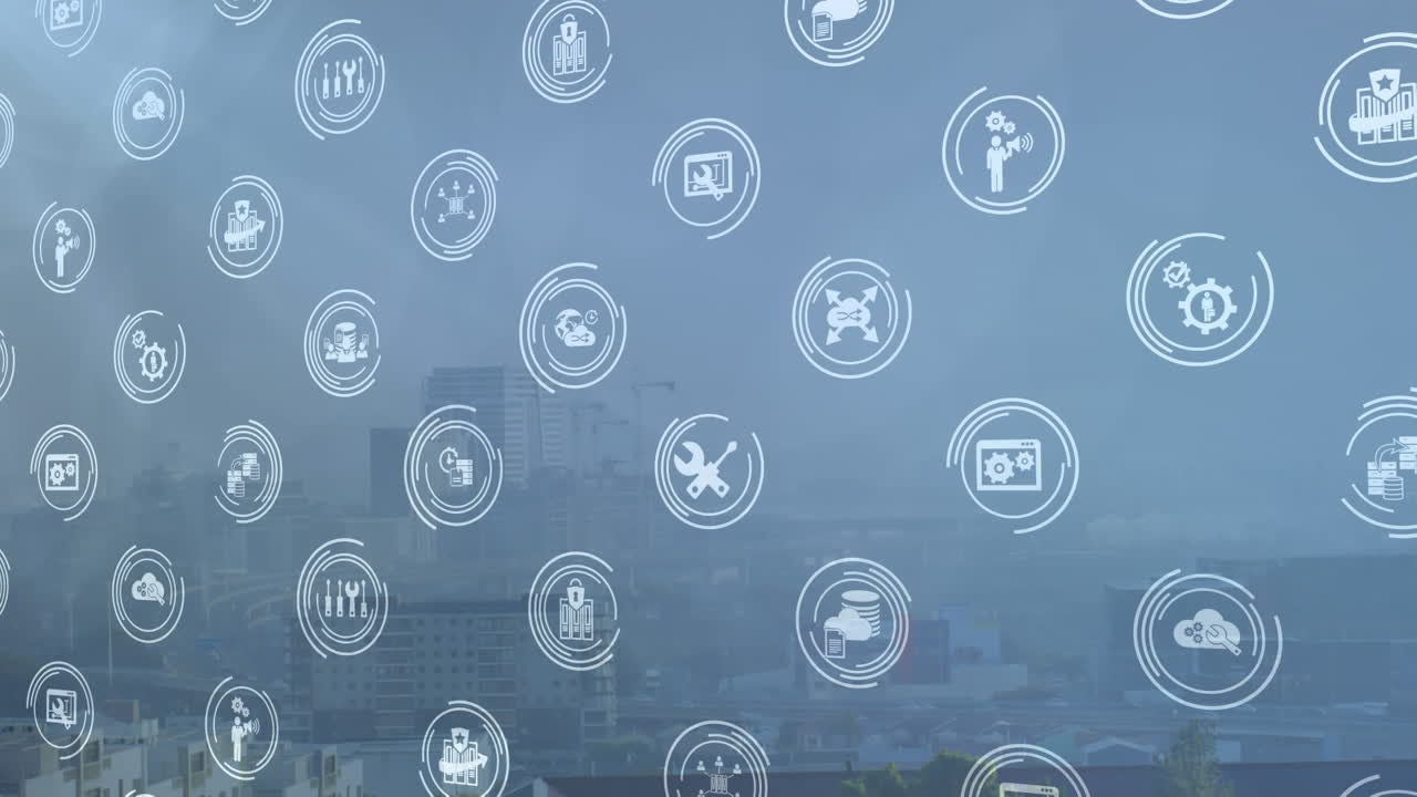 Animation of multiple digital icons and light spot against aerial view of cityscape