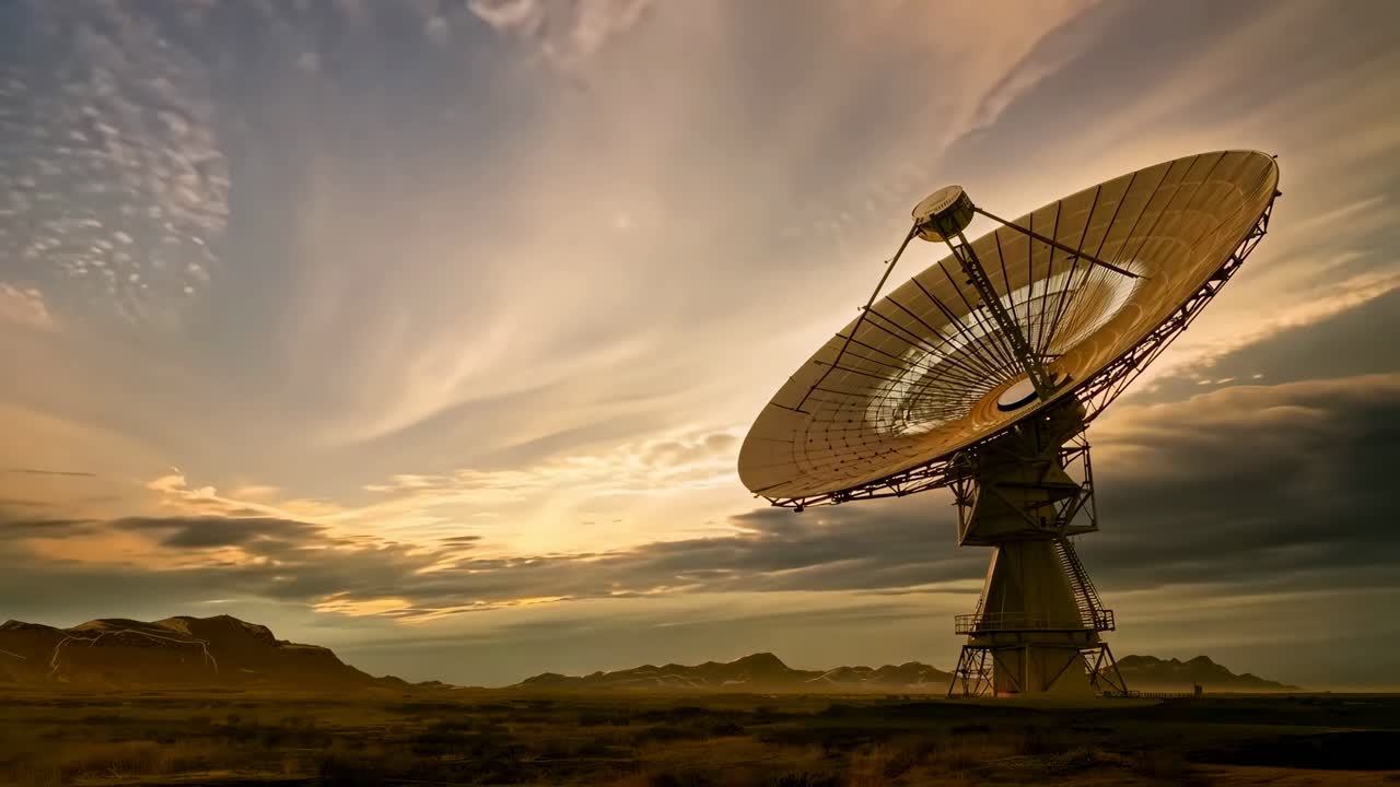 A wide-angle shot of a large satellite dish in a desert at sunset, capturing a sci-fi video concept