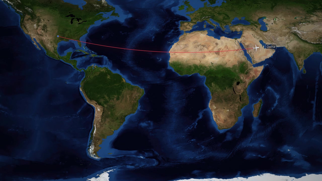 Flight Path Visualization from Dallas to Doha on World Map