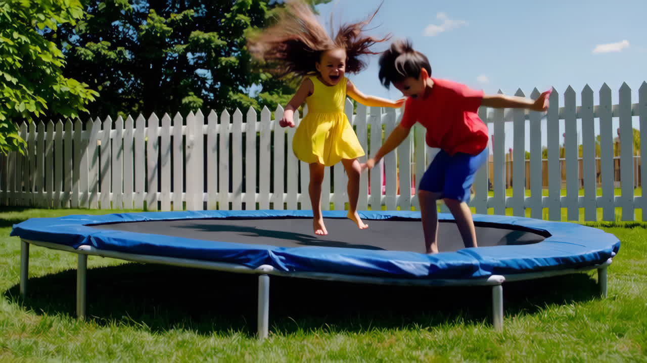 Children playing and jumping on a trampoline in a backyard