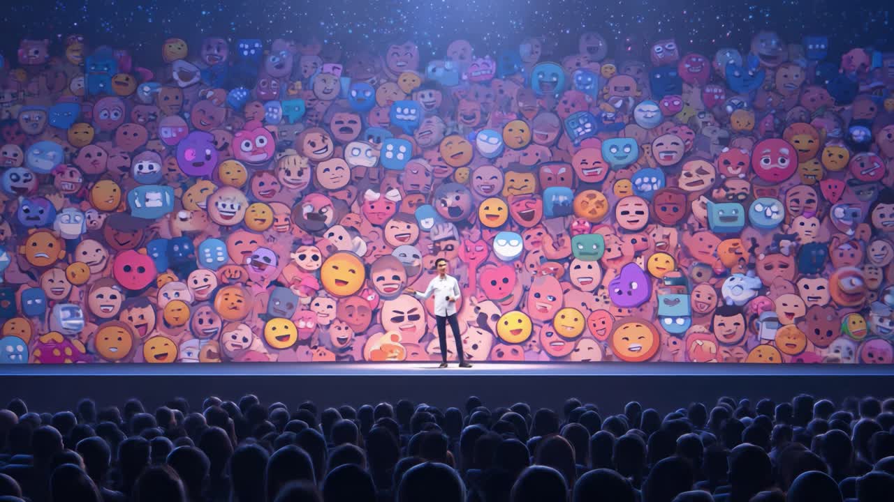 A captivating performance unfolds on stage, where a speaker engages an audience amidst a vibrant backdrop filled with a multitude of expressive emojis, creating an atmosphere of connection and emotional resonance