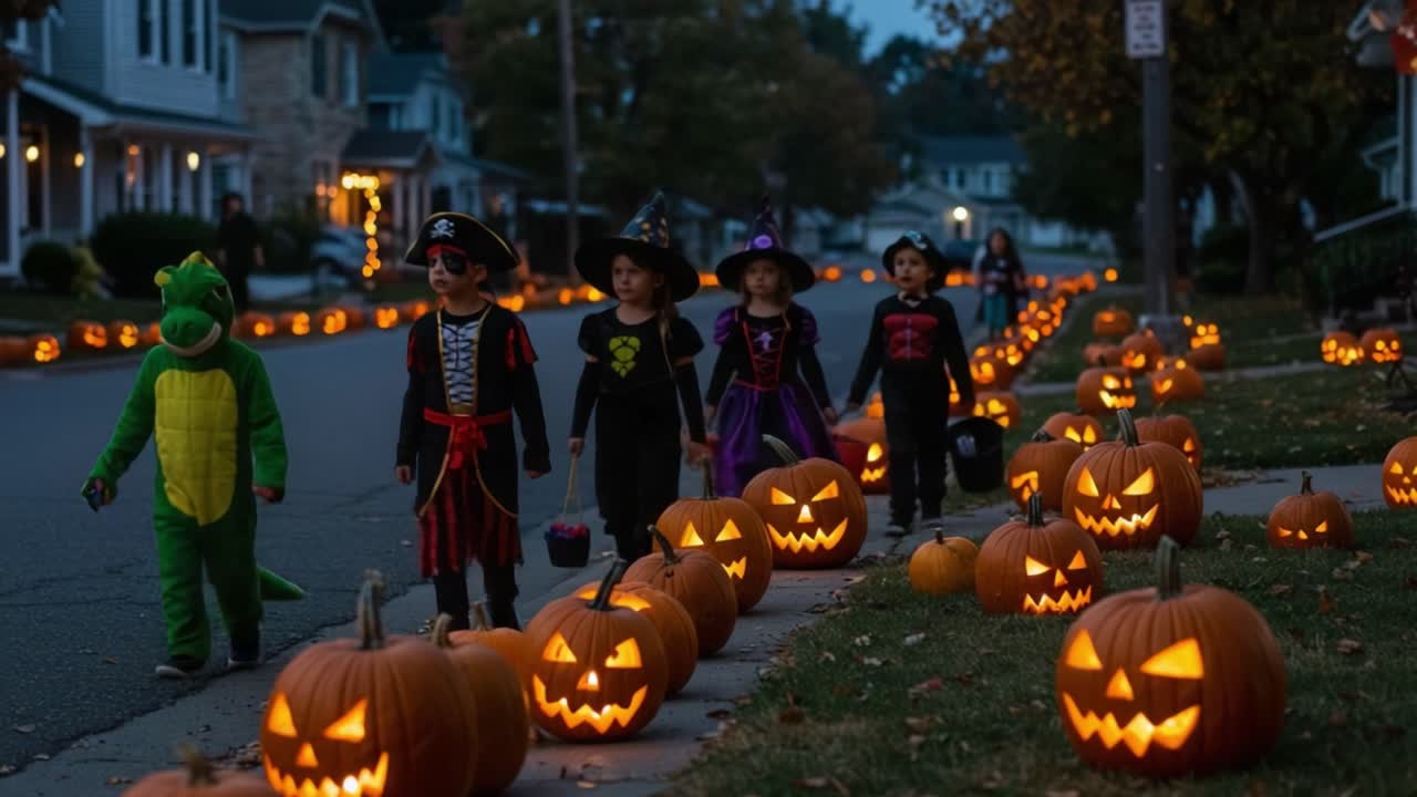 Children in Costumes Celebrate Halloween by Walking Along a Street Lined With Glowing Jack-o'-Lanterns Amidst a Festive Autumn Evening Ambiance