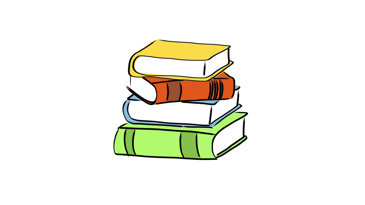 Illustration of a stack of books suddenly appearing on the screen, with a white background