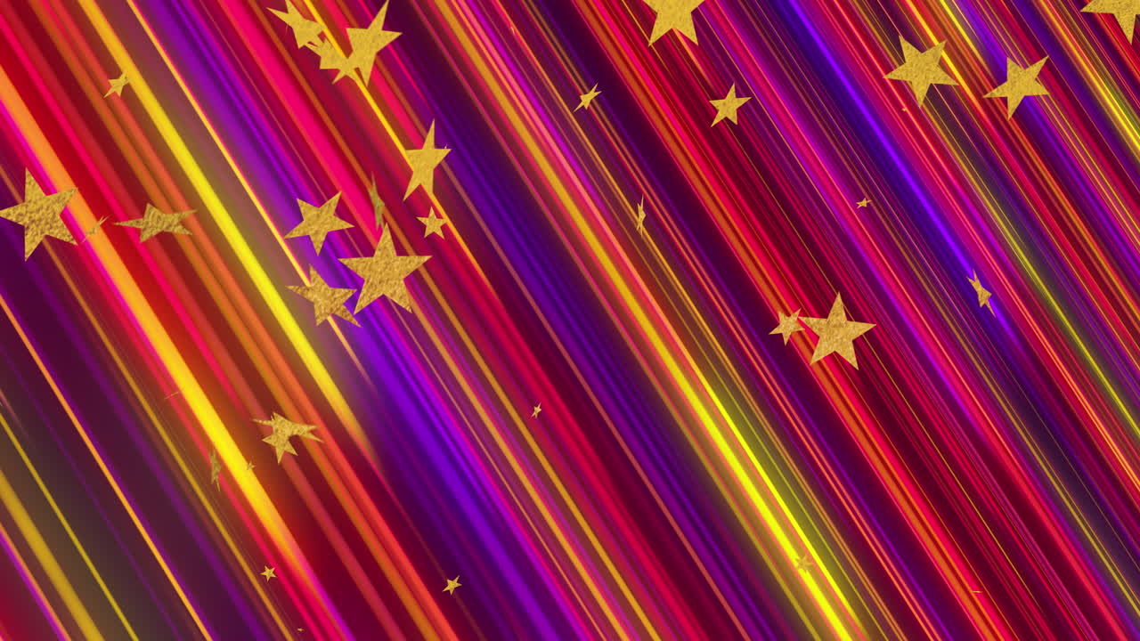 노란색 별과 다채로운 줄무 ⁇  패턴의 애니메이션이 끊임없는 루프로 움직입니다.