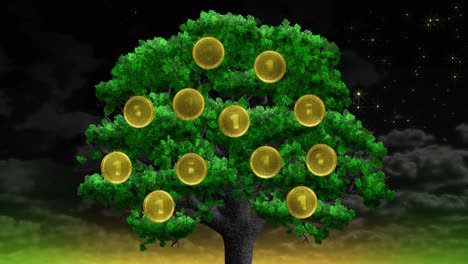 a tree with coins. green deciduous with hanging money.