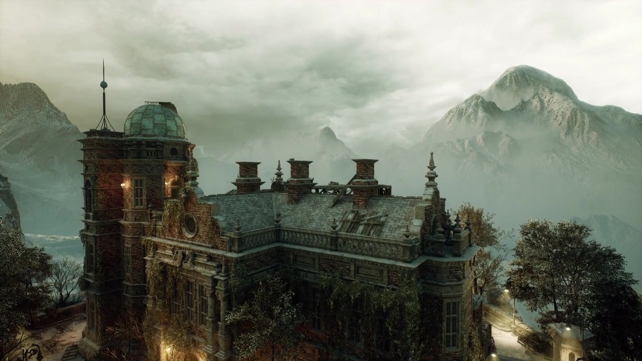 Secluded observatory on summit surrounded by dense fog and ominous storm clouds