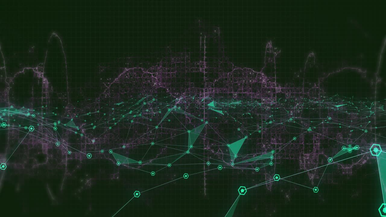 Animation of network of connections, shapes and waves moving on black background