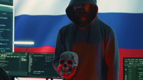 russian cyber criminal making harmful death threats with a skull