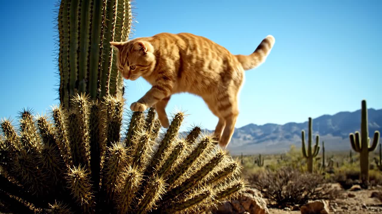 Cat jumping from cactus in desert landscape