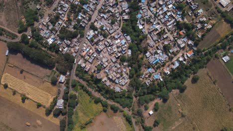 Drone-Shot-Osmanabad-Ter-India-Maharashtra-Granjas-Campo-En-Aldea-Luz-Diurna-Aldea-Conectada-Por-Puente-Río-Ter