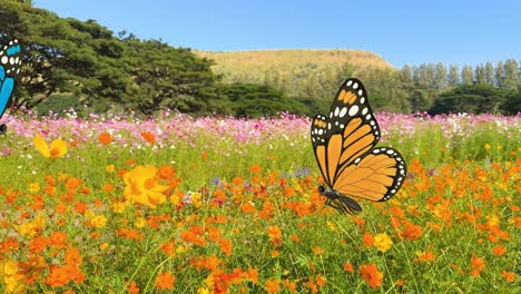 colorful butterflies gracefully flutter over a lush field of flowers, set against a serene landscape under clear blue skies